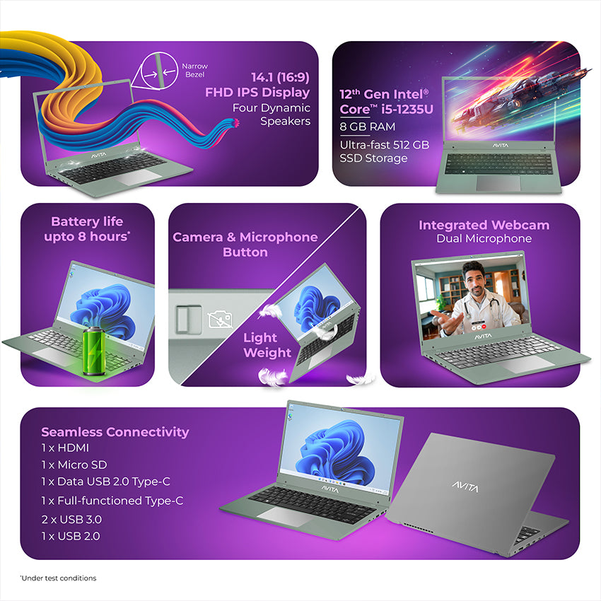 AVITA Liber E 12th Gen Intel core i5 Upto 4.40 GHz 8GB RAM 512GB SSD Expandable Upto 2TB  Windows 11 Home Thin & Silver 1.84 Kg